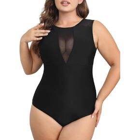 CUPSHE Women's One Piece Swimsuit Plus Size Bathing Suit Mesh Crew Neck Swimwear Back Tie