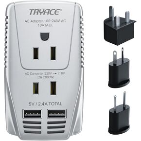 2000W Exclusive Voltage Converter and 10A Travel Adapter with 2-Port USB,Power Converter Step Down 220V to 110V for Hair Dryer/Straightener/Curling Iron,US/UK/EU Plug, Gray, A9