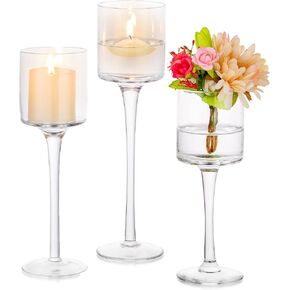 Glass Candle Holder for Table Centerpiece - Tall Tea Lights Candle Holder, Elegant Clear Long Stem Candle Holders for Pillar Candles, Floating Candle Holder for Wedding, Party, Home Decor, Set of 3