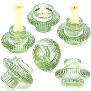 Glass Candlestick Holders Set of 6 for Tapered & Tealight Candles - Quality Glass, Dual Sided, Detailed Boho Design, Stable Base, Stackable, Durable for Centerpiece, Wedding, Party (6pcs x Green)