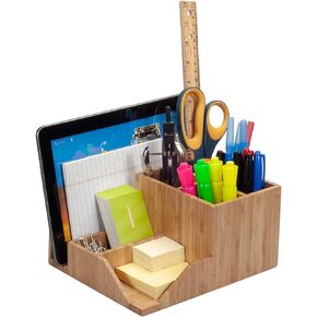 MobileVision Bamboo Multi-Function Desktop Organizer; Store stationary items like notepads, file folders, paperclips, business cards, pens, & more