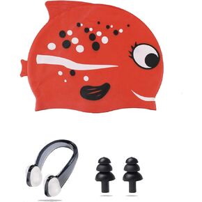 Ancaiqi Kids Swim Cap, Silicone Swimming Cap for Girls Boys Kids, Bathing Cap Waterproof Fish and Shark with Nose Clip Earplugs for Long and Short Hair