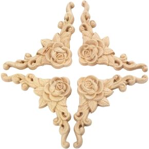 Wood Appliques Onlays for Furniture, 4-Pack Unpainted Wooden Carved Rose Decals DIY Decorative Corners for Bed Wall Dresser Mirror Door Cabinet Wardrobe, 8x8cm/3.15"x3.15"