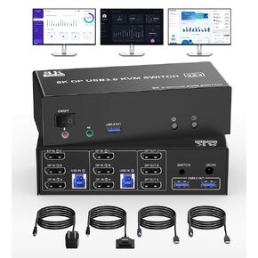 DisplayPort KVM Switch Triple Monitor 8K DP for 2 Computers Share 3 Monitors 1 Set Keyboard Mouse Printer Flash Disk PC Extended Display 8K@60Hz 4K@120Hz with 3 USB3.0 Port Remotely Swtich Controller