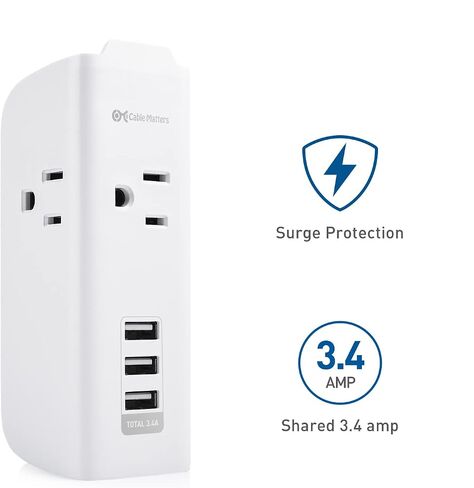 Cable Matters Travel 3 Outlet Surge Protector مع منافذ شحن USB، حامل الهاتف وحقيبة الحمل (واقي صغير من التيار مع USB، واقي من التيار الزائد أثناء السفر / واقي صغير من التيار الكهربائي) باللون الأبيض in Saudi Arabia
