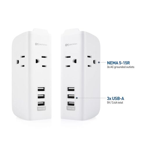 Cable Matters Travel 3 Outlet Surge Protector مع منافذ شحن USB، حامل الهاتف وحقيبة الحمل (واقي صغير من التيار مع USB، واقي من التيار الزائد أثناء السفر / واقي صغير من التيار الكهربائي) باللون الأبيض in Saudi Arabia