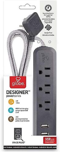 سلسلة Globe Electric Designer بطول 6 أقدام و3 منافذ ومنفذين USB لحماية التيار الكهربائي باللون الرمادي الفحمي in Saudi Arabia