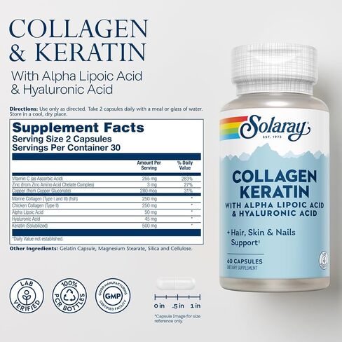 SOLARAY Collagen Keratin with Alpha Lipoic Acid and Hyaluronic Acid - Type I, II and III Collagen Pills - Hair, Skin, Nails, and Joint Health Support - 30 Servings, 60 Capsules in Saudi Arabia