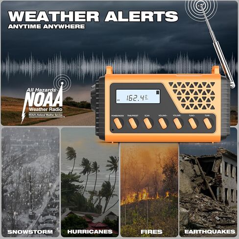 راديو تنبيه للطقس في حالات الطوارئ بقدرة 10000 مللي أمبير في الساعة، راديو الطقس NOAA/AM/FM/SW، راديو كرنك اليد مع الطاقة الشمسية، شحن USB من النوع C، إنذار SOS، شعلة وإضاءة قراءة LED، بوصلة وحقيبة حمل للتخييم والبقاء على قيد الحياة في المنزل in Saudi Arabia