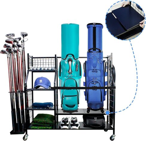 Golf Bag&Club Storage Rack for Garage|Garage Organize Fit for 2XL Golf Bag,21Golf Clubs and Other Golf Accessories|Golf Club Holder Organizer with Lockable Wheels and Adjustable Plates in Kuwait