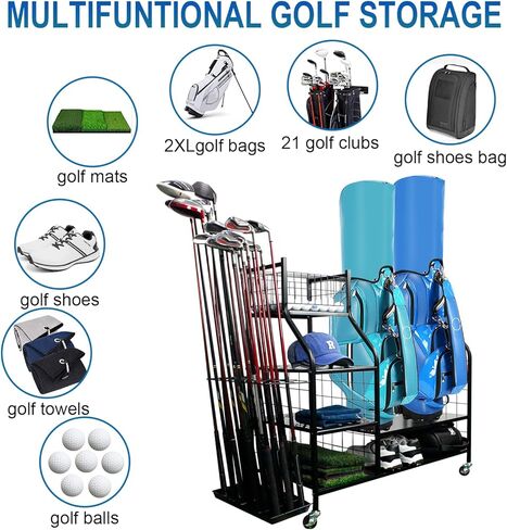 Golf Bag&Club Storage Rack for Garage|Garage Organize Fit for 2XL Golf Bag,21Golf Clubs and Other Golf Accessories|Golf Club Holder Organizer with Lockable Wheels and Adjustable Plates in Kuwait