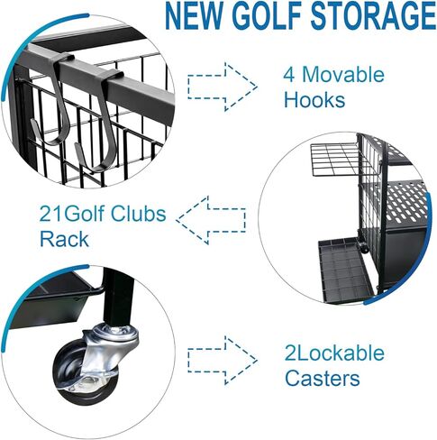 Golf Bag&Club Storage Rack for Garage|Garage Organize Fit for 2XL Golf Bag,21Golf Clubs and Other Golf Accessories|Golf Club Holder Organizer with Lockable Wheels and Adjustable Plates in Kuwait