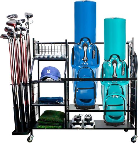 Golf Bag&Club Storage Rack for Garage|Garage Organize Fit for 2XL Golf Bag,21Golf Clubs and Other Golf Accessories|Golf Club Holder Organizer with Lockable Wheels and Adjustable Plates in Kuwait