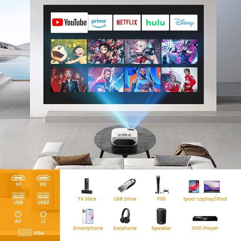 جهاز عرض HAPPRUN، جهاز عرض بلوتوث واي فاي 5G، جهاز عرض محمول أصلي 1080 بكسل مع شاشة وحقيبة، 12000 لتر 4K يدعم 300 بوصة جهاز عرض أفلام خارجي متوافق مع الهاتف الذكي/HDMI/USB/Av/TV Stick/PS5 in Kuwait