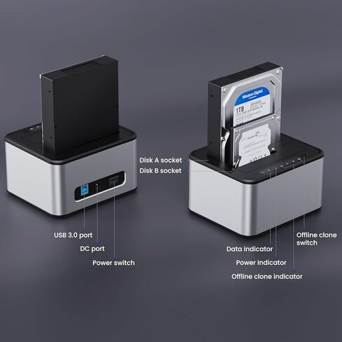 Hard Drive Docking Station, SATA to USB3.0 Dual Bay External Hard Drive Enclosure for 2.5/3.5 Inch HDD SSD, with Offline Cloner/Duplicator Function in Kuwait