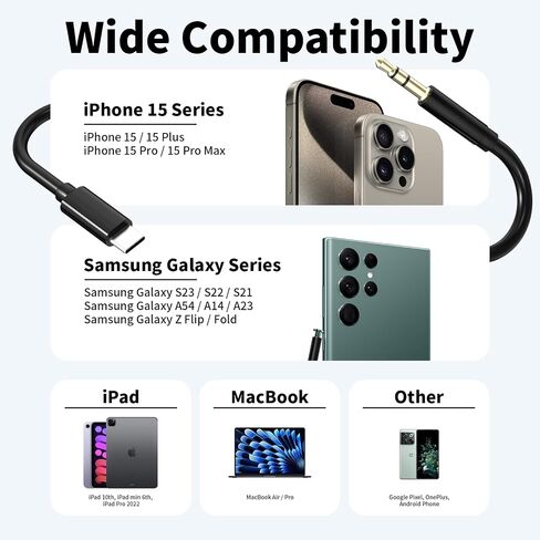 USB C to 3.5mm Audio Aux Jack Cable,[MFi Certified] Aux Cord for iPhone 15,Type C to 3.5mm Headphone Car Stereo Cord Compatible with iPhone15/15 Plus /15 Pro Max,iPad Pro to Car,Speakers(Black/3.3FT) in Saudi Arabia