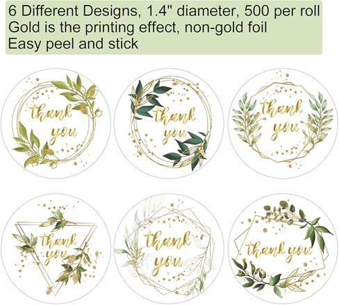 بكرة ملصقات شكرًا لك، أوراق خضراء بإطارات ذهبية ملصقات شكرًا لك، ملصقات ملصقات لاصقة مقاس 1.4 بوصة 6 تصميمات مختلفة، مثالية لأعياد الميلاد، هدايا الزفاف، الأعمال الصغيرة، 500 لكل عبوة. in Kuwait