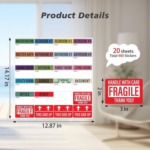 480 PCS Home Moving Labels, Colored Moving Labels for Boxes with Writable Notes Areas, Moving Stickers Tape for Boxes Packing Moving Supplies, 21 Designs, Each Size 2 x 3 inches in Saudi Arabia