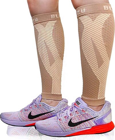 BLITZU 3 أزواج من الأكمام الضاغطة على الساق للنساء والرجال مقاس S-M، واحد عاري، واحد أسود، كم واحد أبيض، كم ضغط الساق لألم الساق وجبائر الساق. جوارب ضغط بدون قدم. in Kuwait