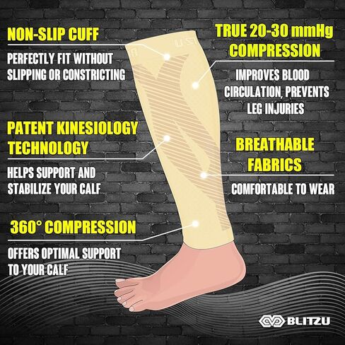 BLITZU 3 أزواج من الأكمام الضاغطة على الساق للنساء والرجال مقاس S-M، واحد عاري، واحد أسود، كم واحد أبيض، كم ضغط الساق لألم الساق وجبائر الساق. جوارب ضغط بدون قدم. in Kuwait