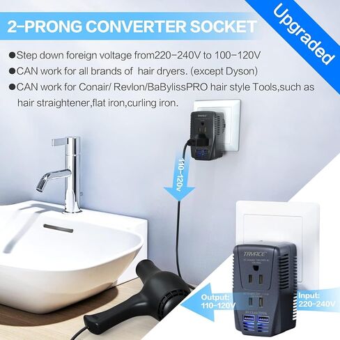 محول جهد حصري 2000 واط ومحول سفر 10 أمبير مع منفذين USB، محول طاقة يتنحى من 220 فولت إلى 110 فولت لمجفف الشعر/مكواة تجعيد الشعر، قابس الولايات المتحدة/المملكة المتحدة/الاتحاد الأوروبي، أسود، A9 in Kuwait