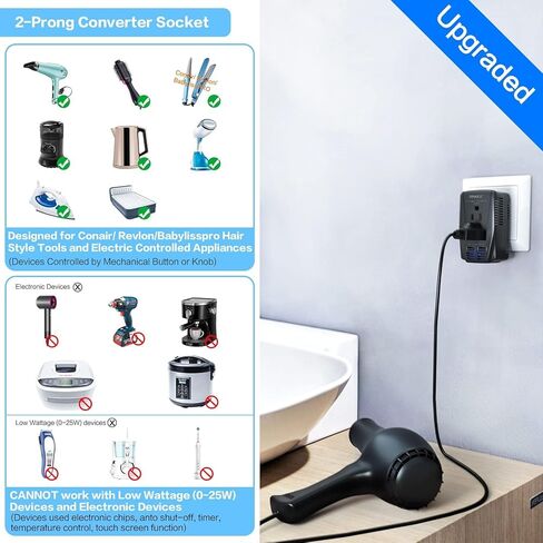 محول جهد حصري 2000 واط ومحول سفر 10 أمبير مع منفذين USB، محول طاقة يتنحى من 220 فولت إلى 110 فولت لمجفف الشعر/مكواة تجعيد الشعر، قابس الولايات المتحدة/المملكة المتحدة/الاتحاد الأوروبي، أسود، A9 in Kuwait