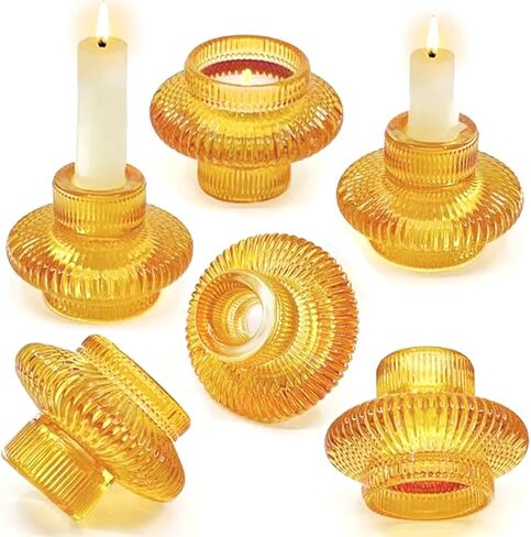 حاملات شمعدان زجاجية مستدقة 6pk- حوامل شموع تيلايت تصميم عتيق ديكور عقلي بوهو قطع مركزية للطاولة لحفلات الزفاف وأعياد الميلاد وحفلات العشاء (6 قطع × أخضر) in Kuwait