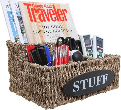 MyGift Beige Woven Seagrass Multipurpose Storage Basket 4 Compartment Organizer with Stuff Label, Desktop Mail Holder, Office Supplies Accessories Holder and Pencil Cup in Saudi Arabia