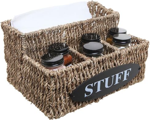 MyGift Beige Woven Seagrass Multipurpose Storage Basket 4 Compartment Organizer with Stuff Label, Desktop Mail Holder, Office Supplies Accessories Holder and Pencil Cup in Saudi Arabia