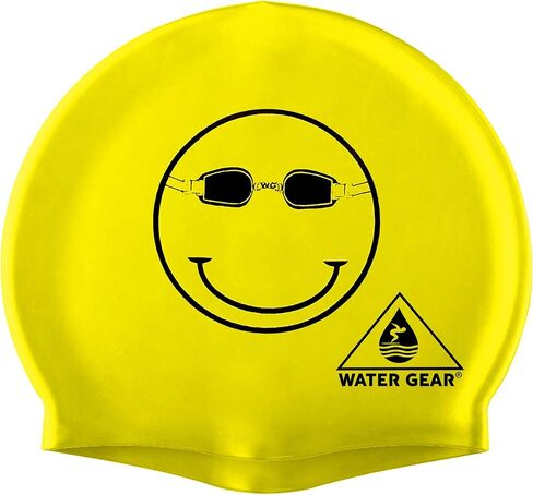 Water Gear Latex Swim Cap - Swimming Caps for Girls Long Hair - Waterproof Swimming Cap - Happy Face Black/Yellow in Saudi Arabia