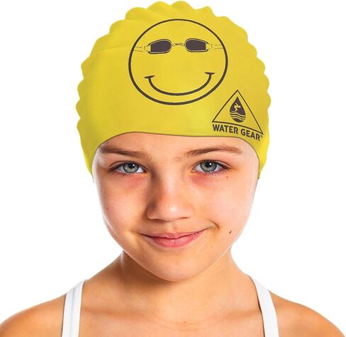 Water Gear Latex Swim Cap - Swimming Caps for Girls Long Hair - Waterproof Swimming Cap - Happy Face Black/Yellow in Saudi Arabia