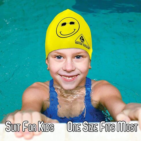 Water Gear Latex Swim Cap - Swimming Caps for Girls Long Hair - Waterproof Swimming Cap - Happy Face Black/Yellow in Saudi Arabia
