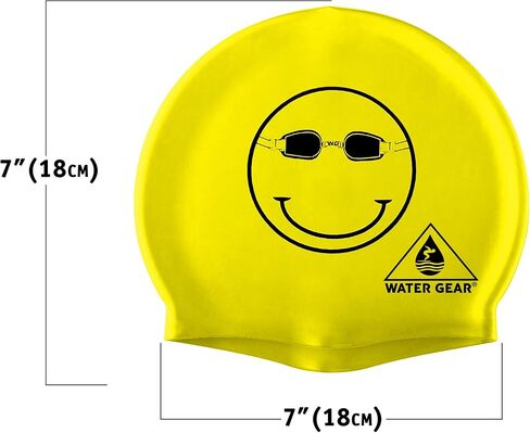 Water Gear Latex Swim Cap - Swimming Caps for Girls Long Hair - Waterproof Swimming Cap - Happy Face Black/Yellow in Saudi Arabia