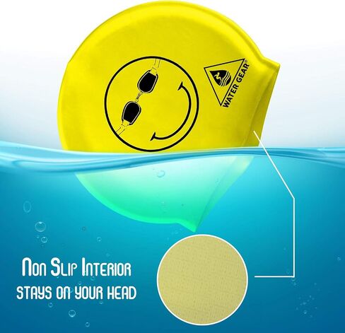 Water Gear Latex Swim Cap - Swimming Caps for Girls Long Hair - Waterproof Swimming Cap - Happy Face Black/Yellow in Saudi Arabia