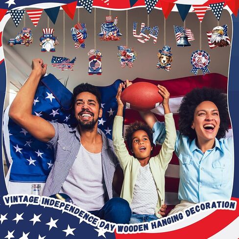 Yookeer 36 Pcs Patriotic Ornaments for Tree Wooden 4th of July Decoration Memorial Day Hanging Ornament American Flag Star Gnome Wood Cutout Red White Blue Patriotic Decoration for Home Tree (Vintage) in Saudi Arabia