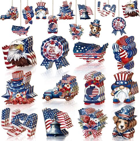Yookeer 36 Pcs Patriotic Ornaments for Tree Wooden 4th of July Decoration Memorial Day Hanging Ornament American Flag Star Gnome Wood Cutout Red White Blue Patriotic Decoration for Home Tree (Vintage) in Saudi Arabia