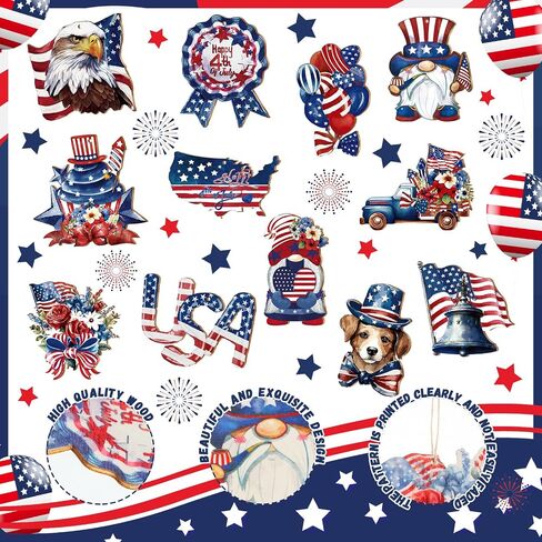 Yookeer 36 Pcs Patriotic Ornaments for Tree Wooden 4th of July Decoration Memorial Day Hanging Ornament American Flag Star Gnome Wood Cutout Red White Blue Patriotic Decoration for Home Tree (Vintage) in Saudi Arabia
