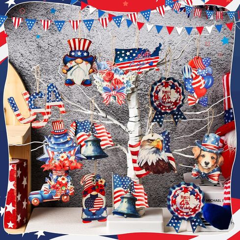 Yookeer 36 Pcs Patriotic Ornaments for Tree Wooden 4th of July Decoration Memorial Day Hanging Ornament American Flag Star Gnome Wood Cutout Red White Blue Patriotic Decoration for Home Tree (Vintage) in Saudi Arabia