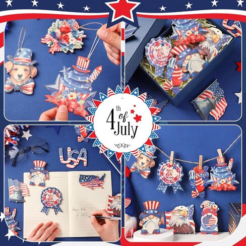 Yookeer 36 Pcs Patriotic Ornaments for Tree Wooden 4th of July Decoration Memorial Day Hanging Ornament American Flag Star Gnome Wood Cutout Red White Blue Patriotic Decoration for Home Tree (Vintage) in Saudi Arabia