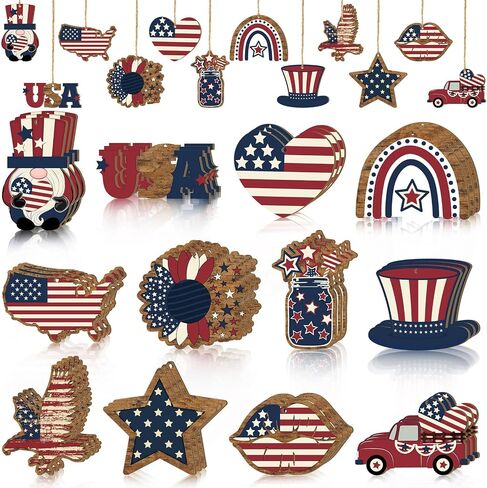Yookeer 36 Pcs Patriotic Ornaments for Tree Wooden 4th of July Decoration Memorial Day Hanging Ornament American Flag Star Gnome Wood Cutout Red White Blue Patriotic Decoration for Home Tree (Vintage) in Saudi Arabia