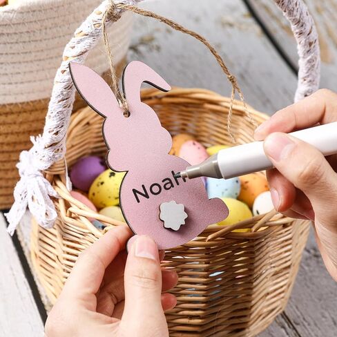 زينة عيد الفصح - 12 قطعة من علامات أسماء سلة عيد الفصح - DIY خرزة فارغة غير مكتملة من الخشب، علامة أرنب عيد الفصح - سلال عيد الفصح في المزرعة للأطفال، علامات هدايا عيد الفصح in Kuwait