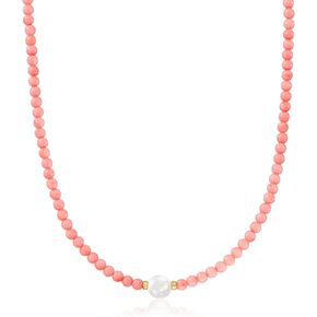 Ross-Simons 8.5-9mm Cultured Pearl and 4mm Pink Coral Bead Necklace With 18kt Gold Over Sterling. 18 inches