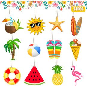 Summer Tree Decorations Hello Summer Wooden Hanging Tree Ornaments 24Pcs Hawaiian Beach Coconut Flamingo Wooden Hanging Ornaments for Indoor Home Mantle Fireplace Party Supplies