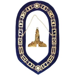 MASONIC BLUE LODGE OFFICER CHAIN COLLAR SENIOR WARDEN MASTER JEWEL - MASONIC REGALIA BLUE LODGE CHAIN COLLAR GOLD CHAIN AND BLUE BACKING