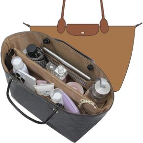DupontPaper Purse Organizer Insert for Longchamp LePliage Large, Black, Bag Shaper with Key Leash& 17 Compartments, Upgraded Elastic Cup Holder + Anti-Slip Middle Zipper Divider