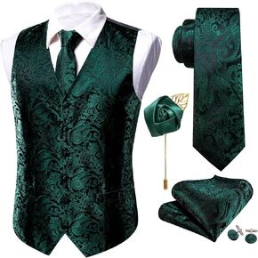 Barry.Wang Men's V-Neck Suit Vest Solid Paisley Waistcoat Silk Tie Hanky Cufflink Clip Set Wedding Party Business Formal in Kuwait