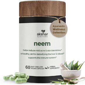 AKSHAR Ayurveda - Neem Capsules with Neem Extract and Neem Leaf Powder - Herbal Neem Supplement to Support Clear Skin Health and Detox - Vegan Cruelty-Free Neem Leaf Capsules (60 Count)