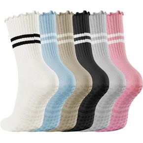 4/6 Pairs Ruffle Pilates Socks with Grip,Yoga Socks for Women Anti Skid Gripper Stocking for Ballet,Dance,Hospital