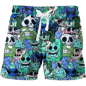 WDIRARA Men's Cartoon Skull Print Swim Trunks Drawstring Elastic Waist Beach Shorts