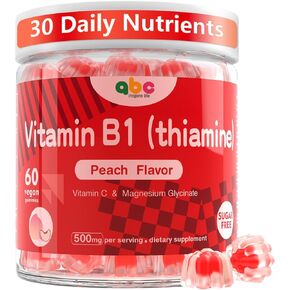 Vitamin B1 Gummies 300mg for Adults & Kids,Chewable Thiamine B1 Supplement with 150mg Magnesium,Nervous System Healthy Energy,Natural Peach Flavor,Non GMO,Vegan 60 Count Sugar-Free 1-Month Supply